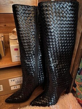 INC Black Woven Pointed-Toe Knee Boots